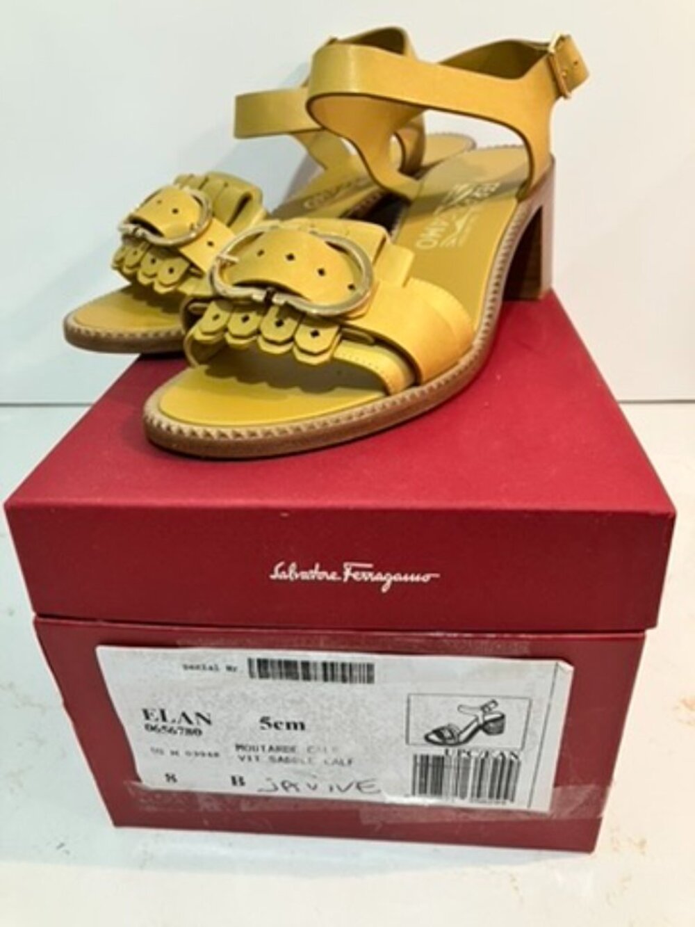 Salvatore Ferragamo "Elan" Mustard Yellow Calf Leather Gancini Sandals Size 8B